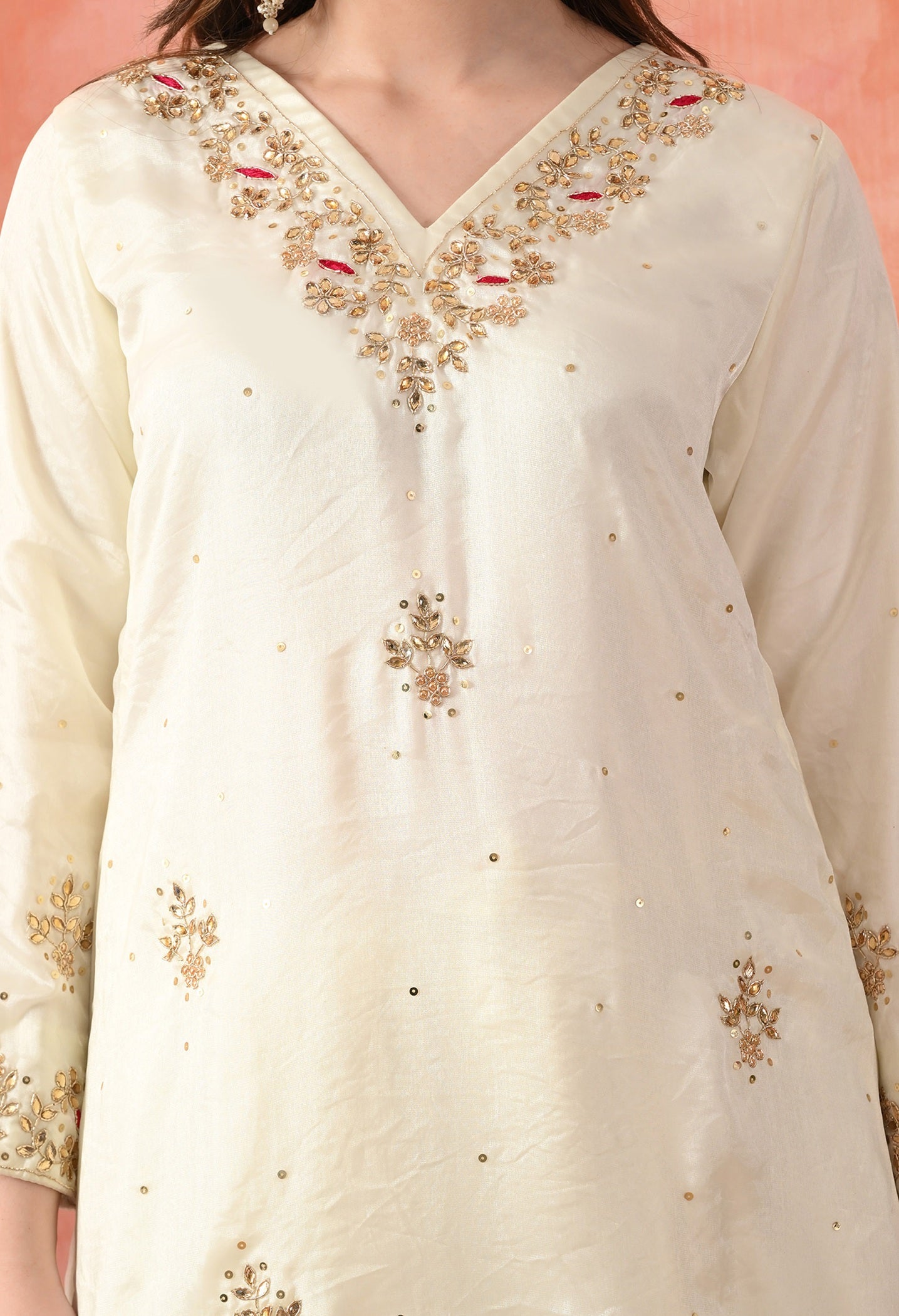 Cream Glass Silk Zardozi Sharara Set