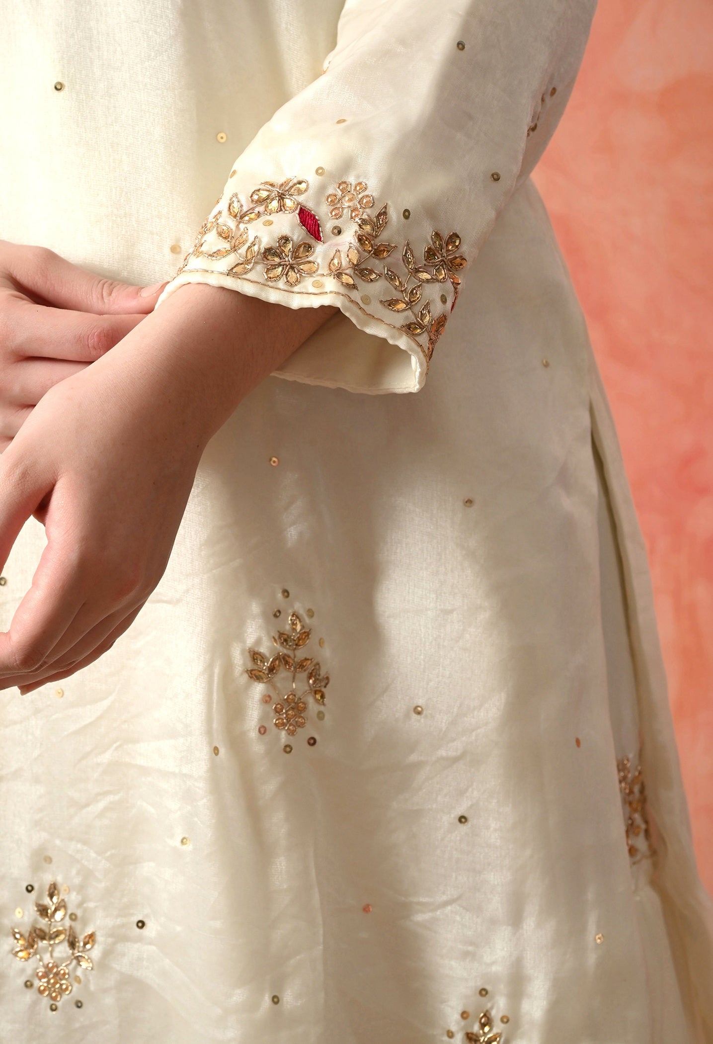 Cream Glass Silk Zardozi Sharara Set