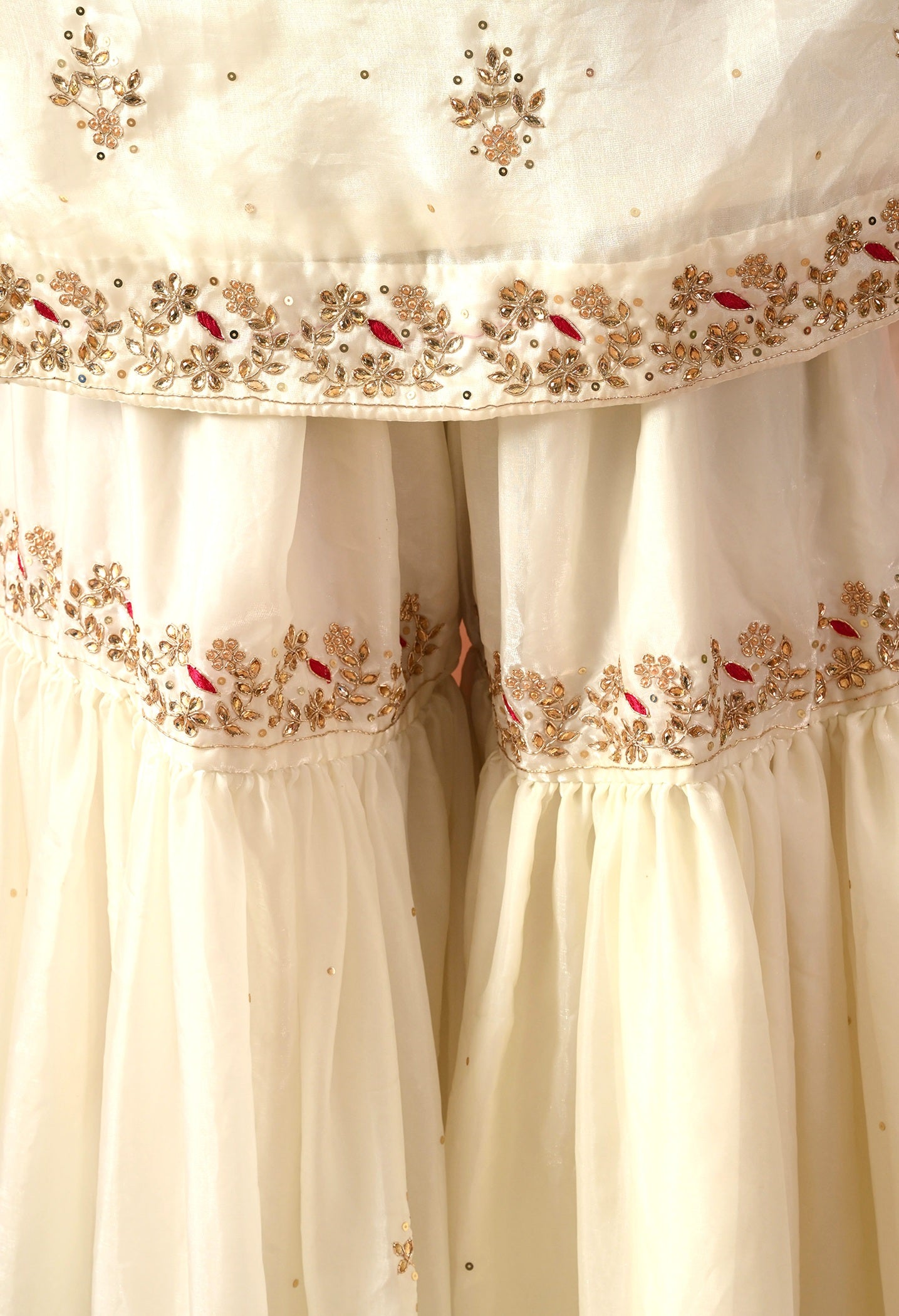 Cream Glass Silk Zardozi Sharara Set