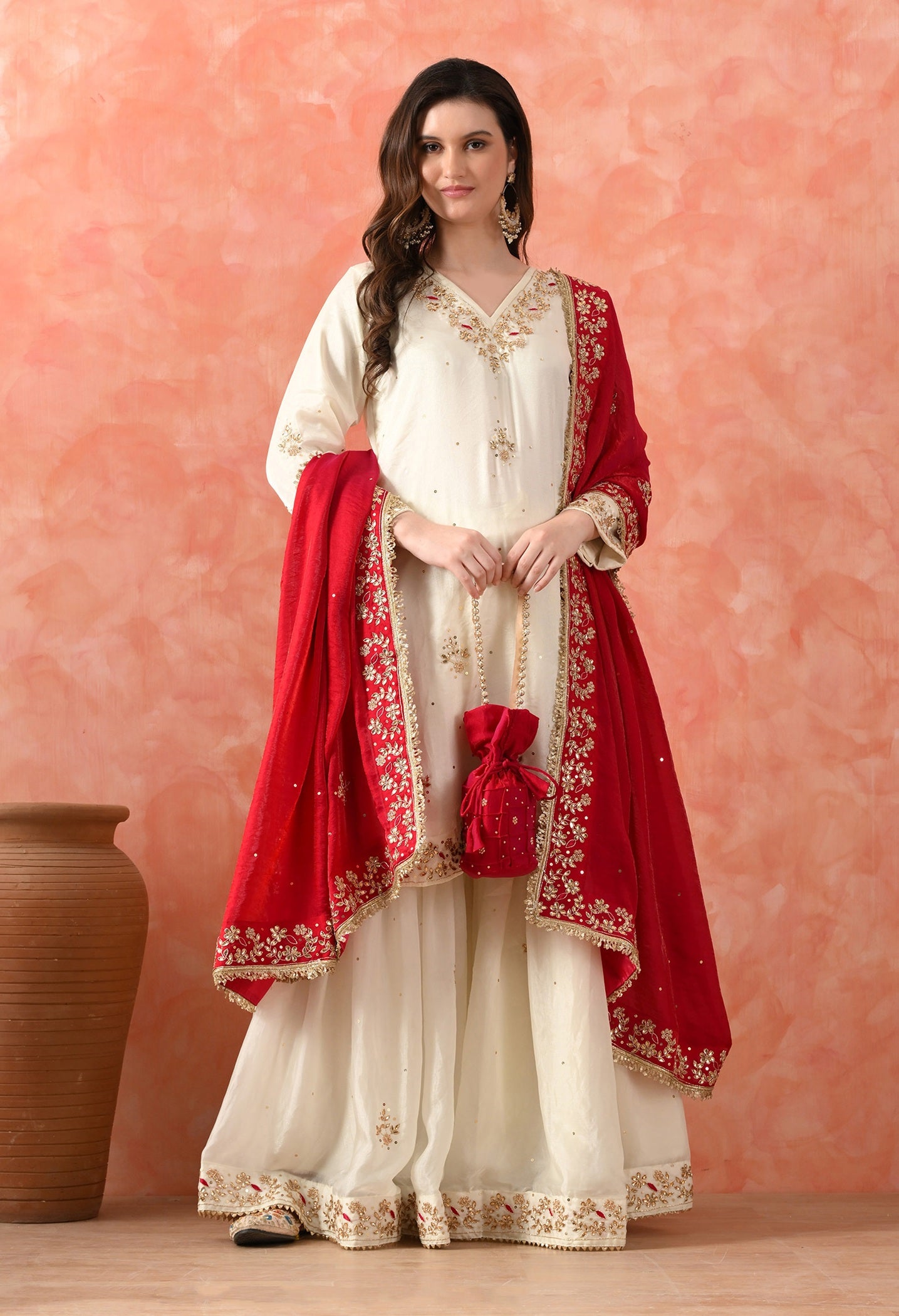 Cream Glass Silk Zardozi Sharara Set