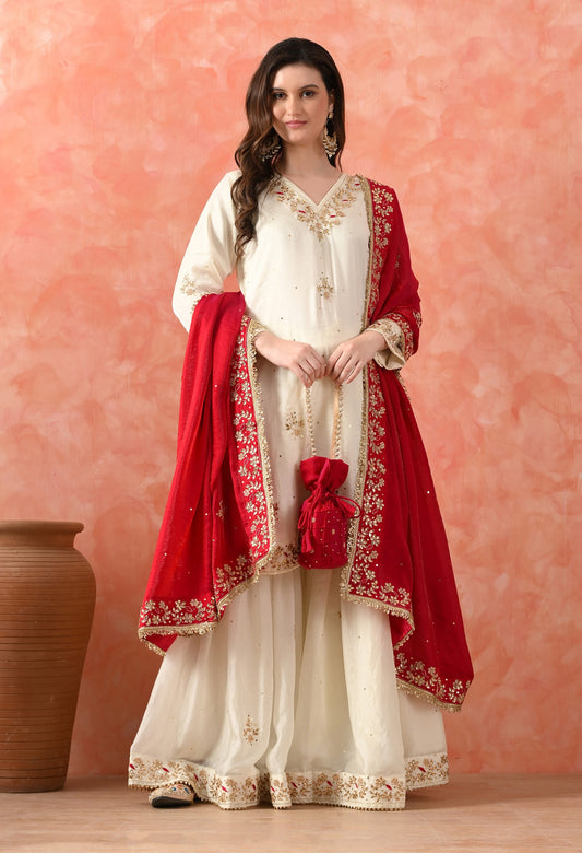 Cream Glass Silk Zardozi Sharara Set