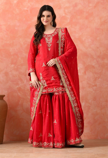 Rani Pink Glass Silk Zardozi Sharara Set