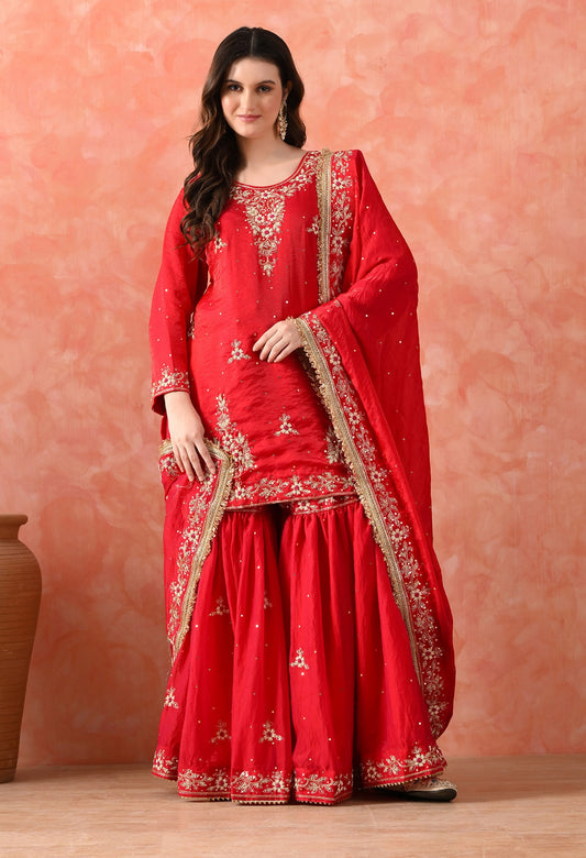 Rani Pink Glass Silk Zardozi Sharara Set