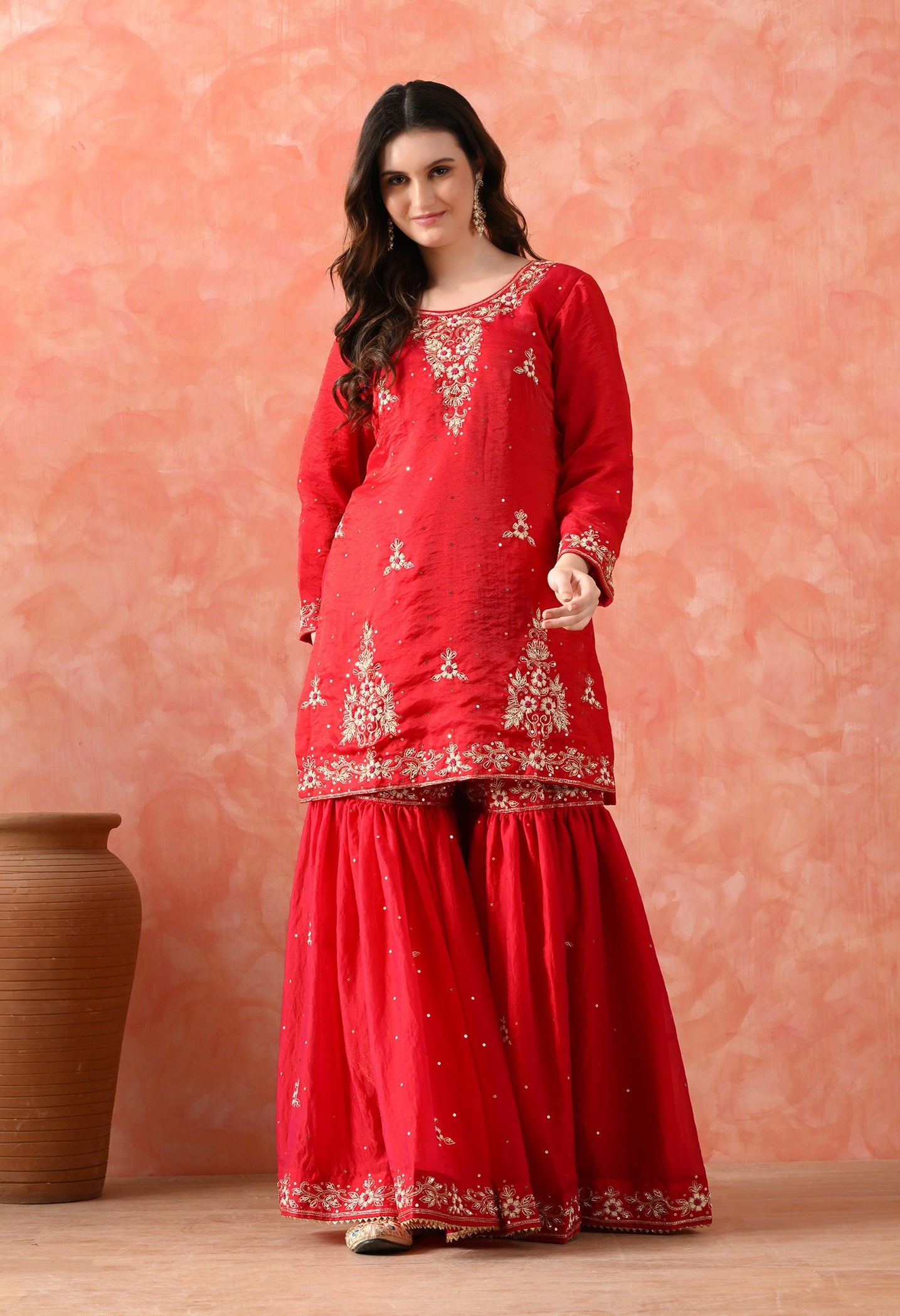 Rani Pink Glass Silk Zardozi Sharara Set