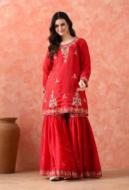 Rani Pink Glass Silk Zardozi Sharara Set