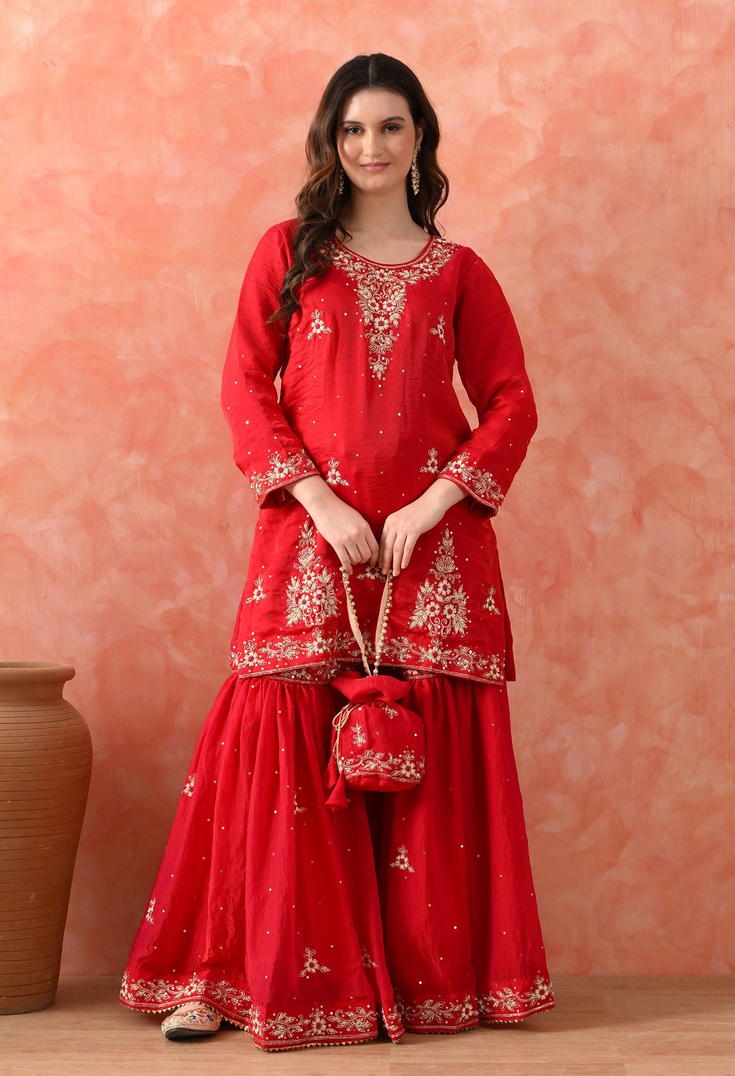 Rani Pink Glass Silk Zardozi Sharara Set