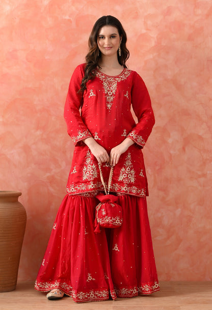Rani Pink Glass Silk Zardozi Sharara Set