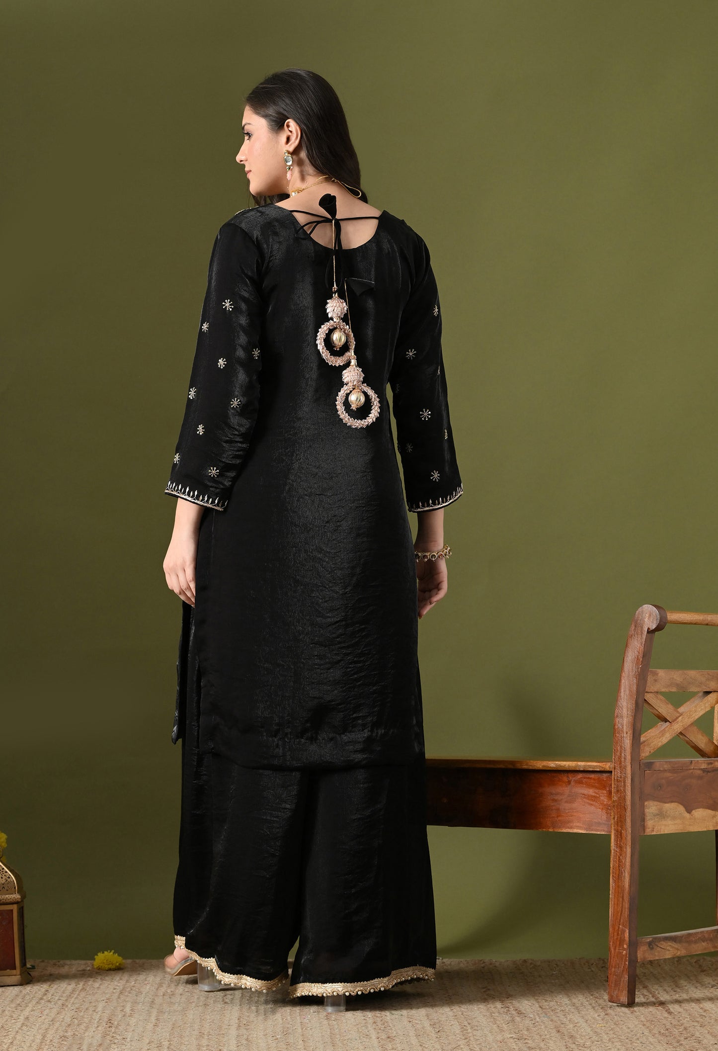 Black Glass Silk Zardozi–Sequin Sharara Set