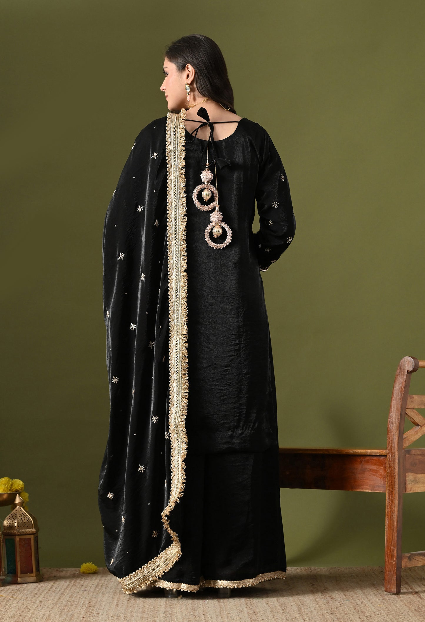 Black Glass Silk Zardozi–Sequin Sharara Set