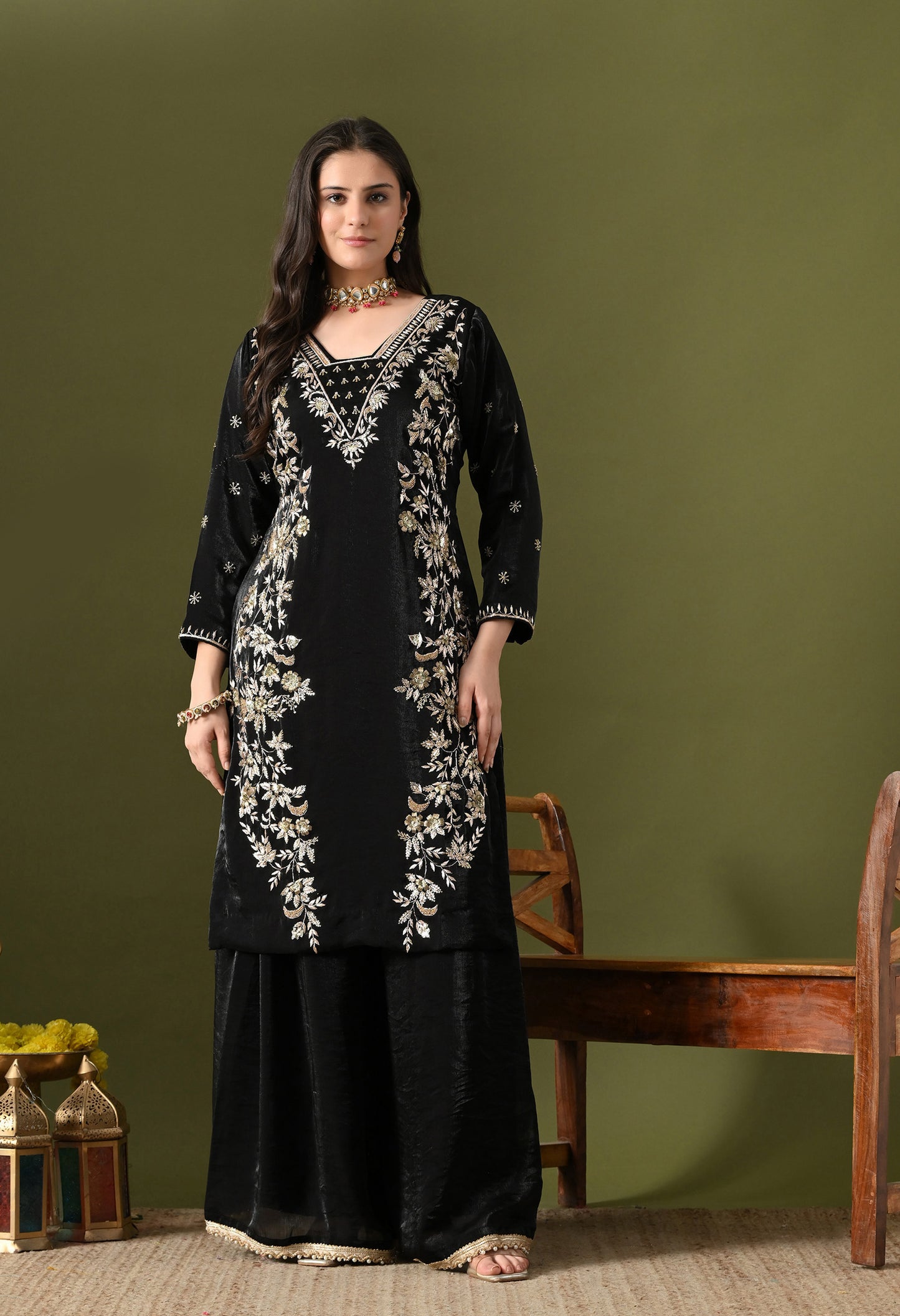 Black Glass Silk Zardozi–Sequin Sharara Set