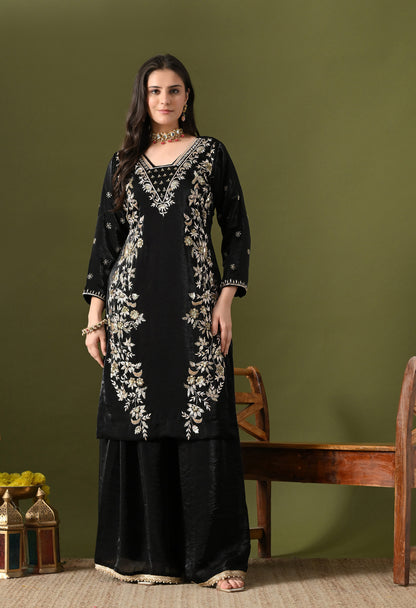 Black Glass Silk Zardozi–Sequin Sharara Set
