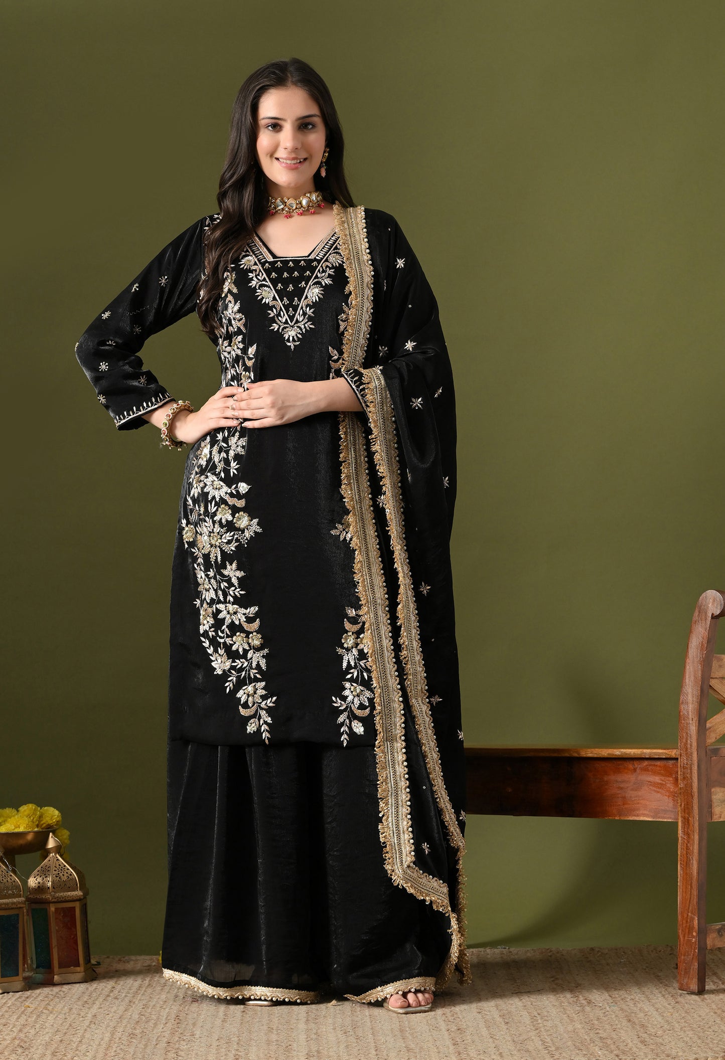 Black Glass Silk Zardozi–Sequin Sharara Set