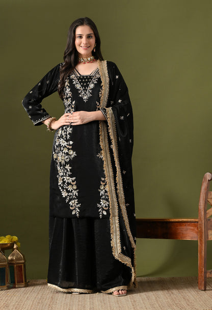 Black Glass Silk Zardozi–Sequin Sharara Set