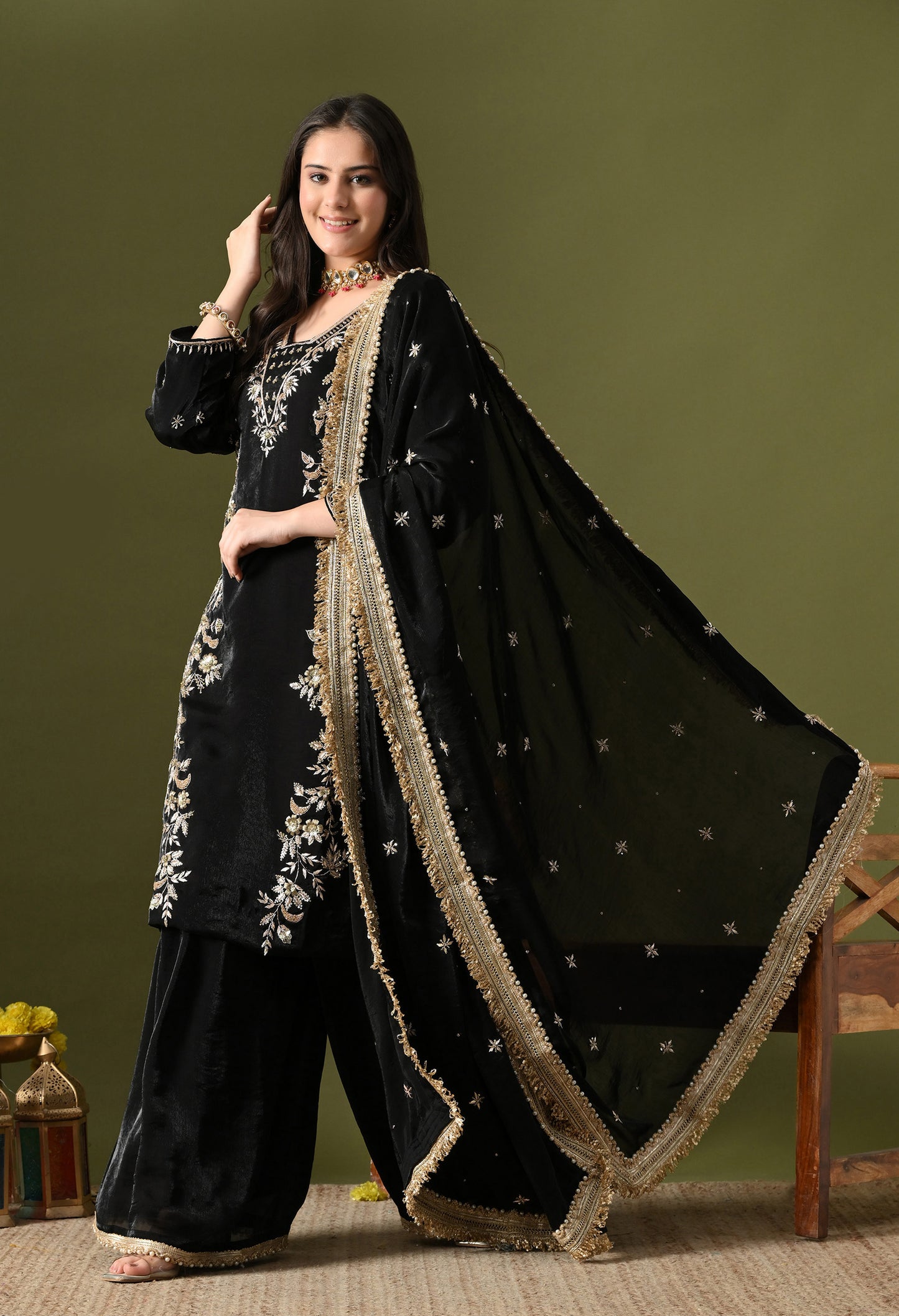 Black Glass Silk Zardozi–Sequin Sharara Set