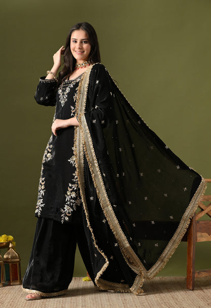 Black Glass Silk Zardozi–Sequin Sharara Set