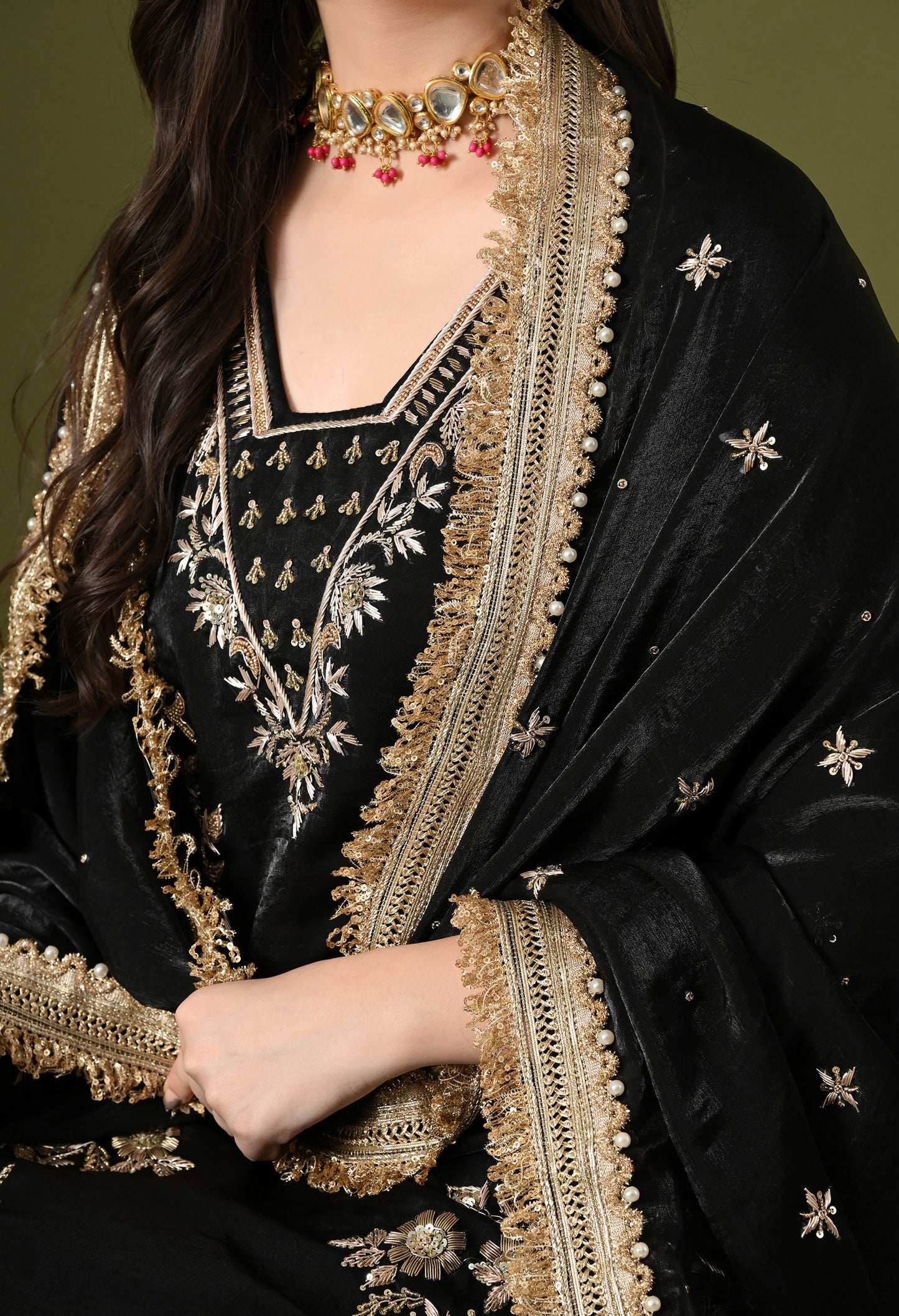 Black Glass Silk Zardozi–Sequin Sharara Set