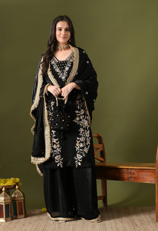 Black Glass Silk Zardozi–Sequin Sharara Set