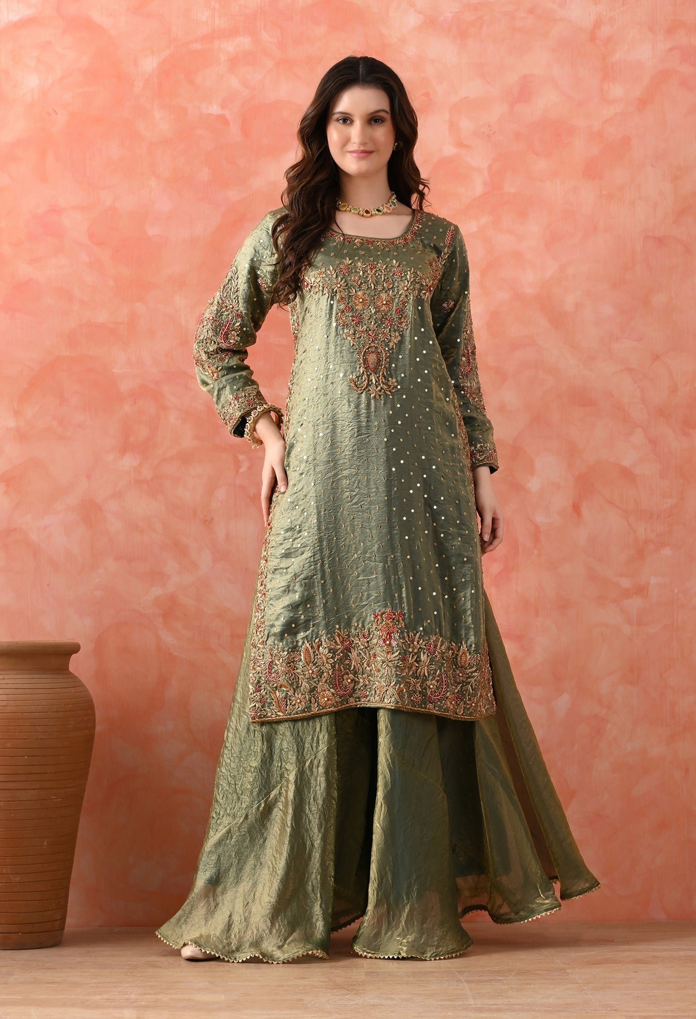 Green Sharara Set with Zardozi & Pearl Detailing