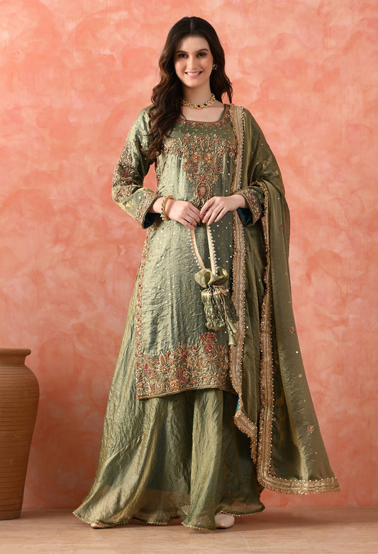 Green Sharara Set with Zardozi & Pearl Detailing