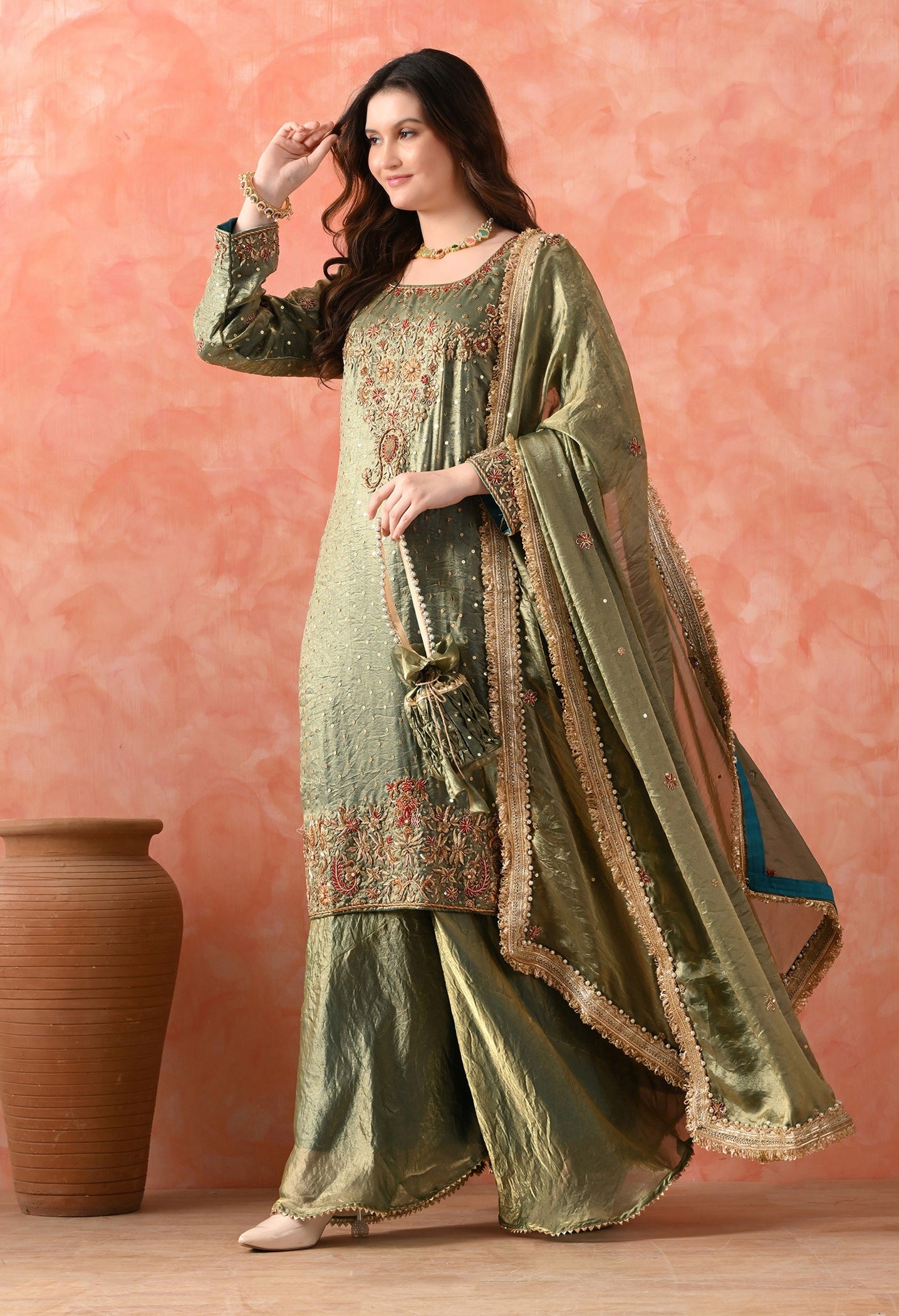 Green Sharara Set with Zardozi & Pearl Detailing