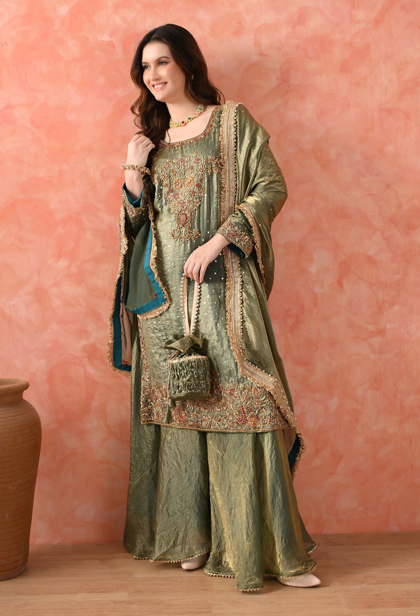 Green Sharara Set with Zardozi & Pearl Detailing
