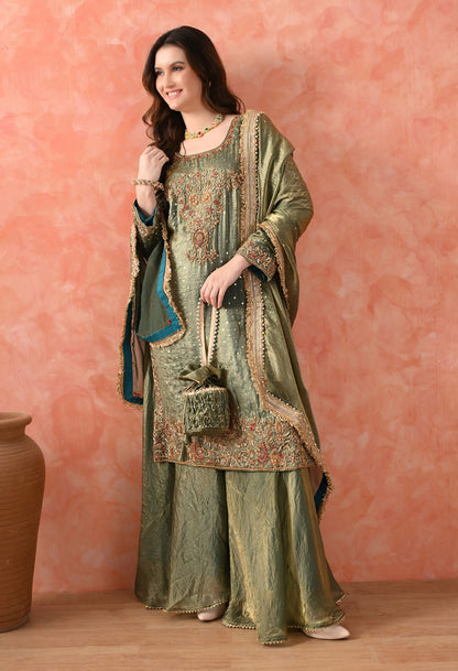 Green Sharara Set with Zardozi & Pearl Detailing