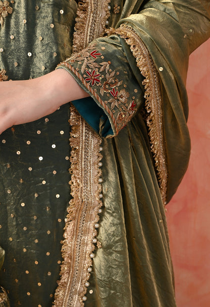 Green Sharara Set with Zardozi & Pearl Detailing