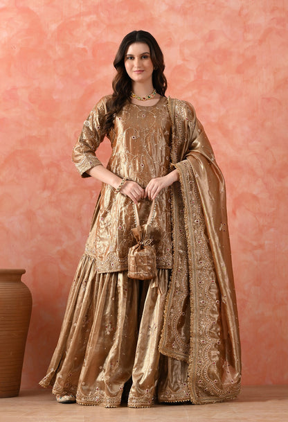 Golden Gharara Set with Zardozi & Kundan Embroidery