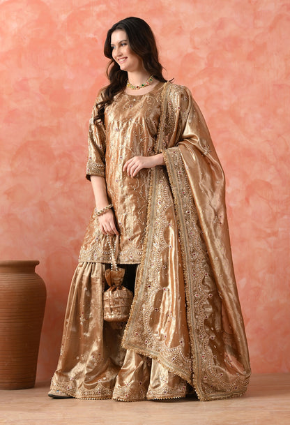 Golden Gharara Set with Zardozi & Kundan Embroidery