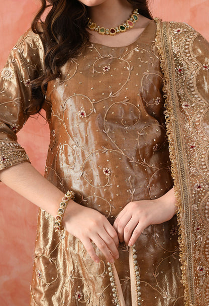 Golden Gharara Set with Zardozi & Kundan Embroidery