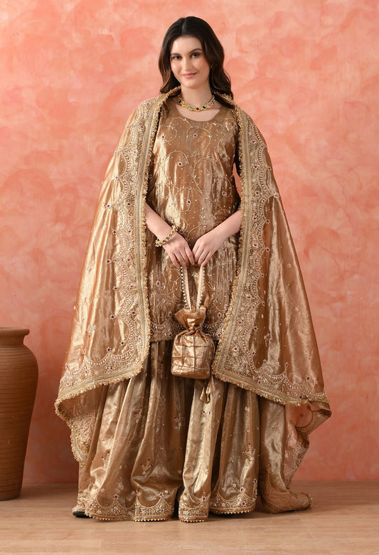 Golden Gharara Set with Zardozi & Kundan Embroidery