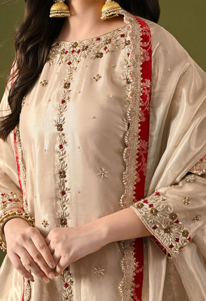 Golden Tissue Organza & Silk Brocade Zardozi–Sequin–Thread–Pearl Anarkali Set