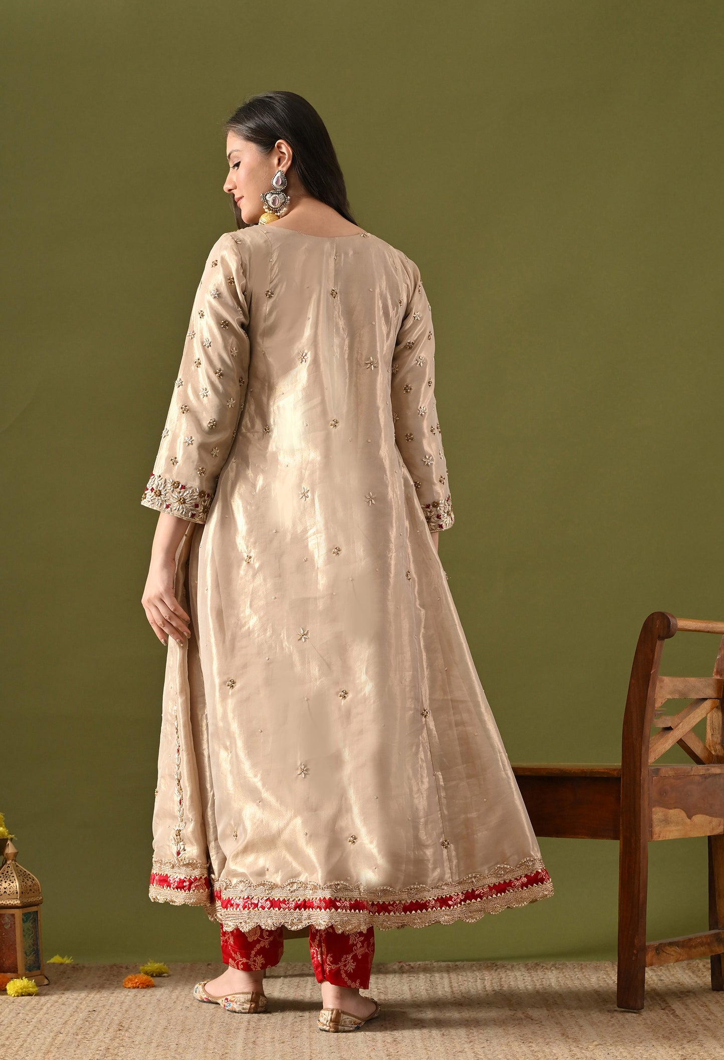 Golden Tissue Organza & Silk Brocade Zardozi–Sequin–Thread–Pearl Anarkali Set