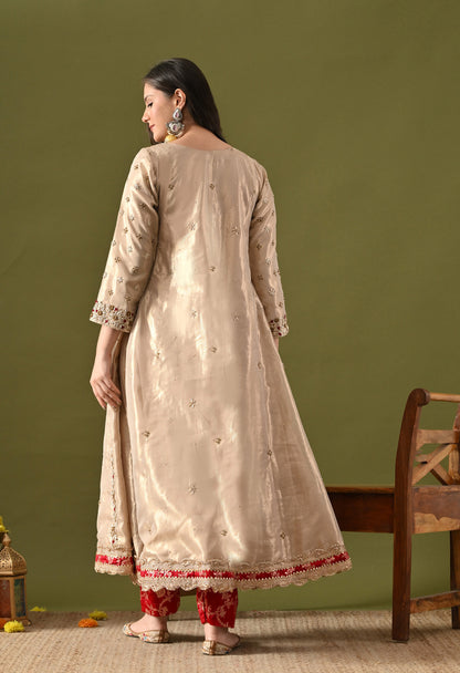 Golden Tissue Organza & Silk Brocade Zardozi–Sequin–Thread–Pearl Anarkali Set