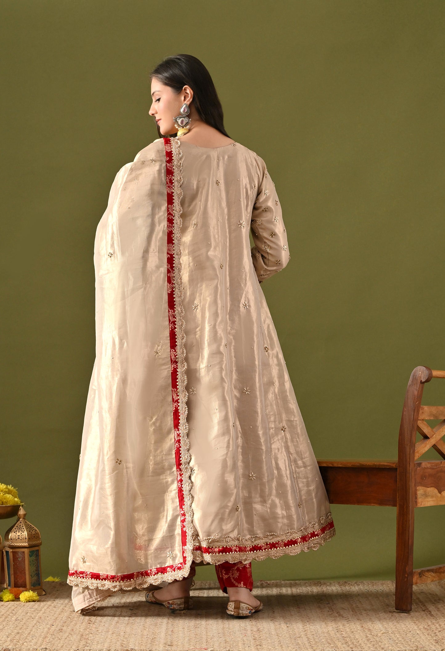 Golden Tissue Organza & Silk Brocade Zardozi–Sequin–Thread–Pearl Anarkali Set