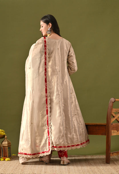 Golden Tissue Organza & Silk Brocade Zardozi–Sequin–Thread–Pearl Anarkali Set