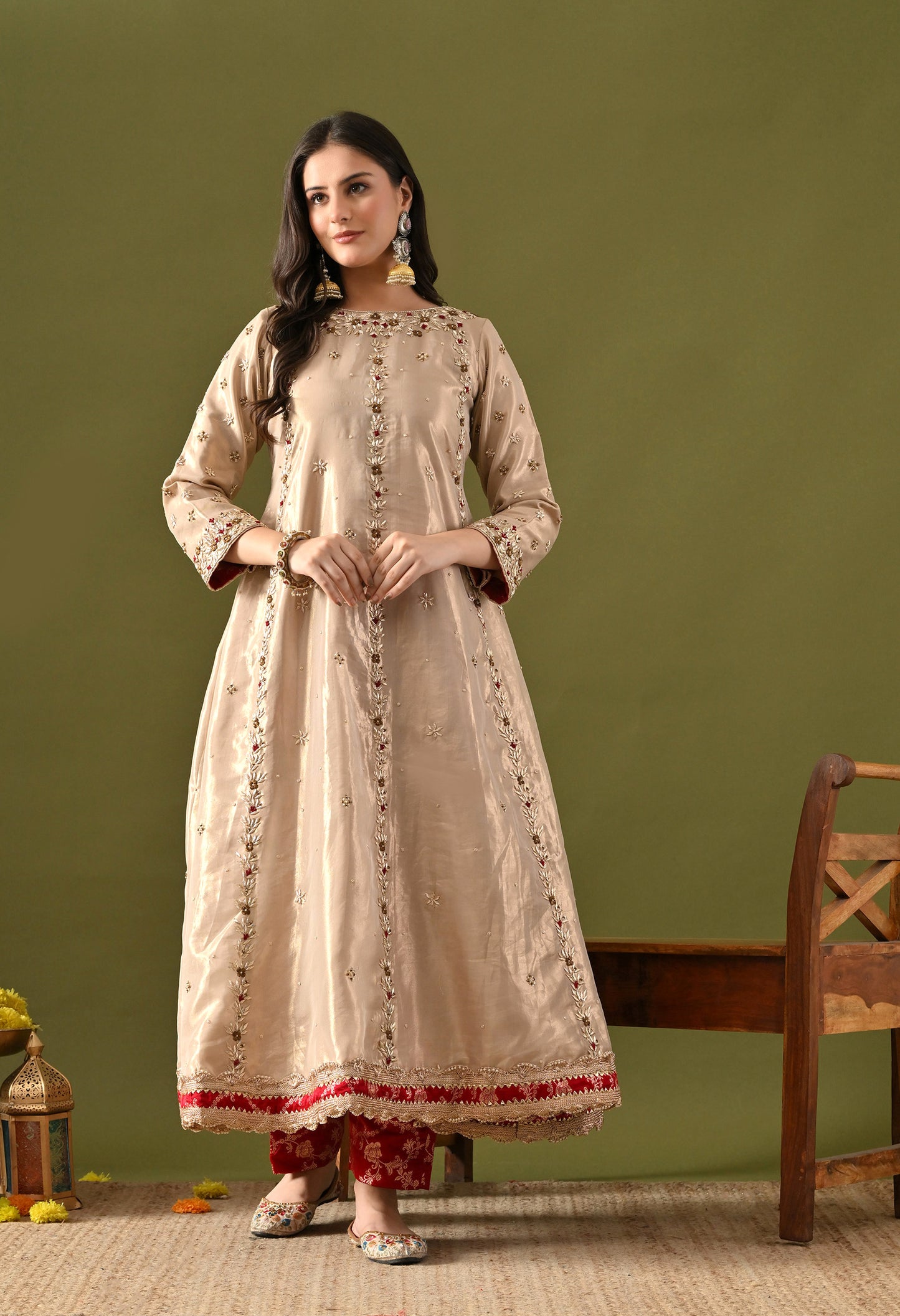 Golden Tissue Organza & Silk Brocade Zardozi–Sequin–Thread–Pearl Anarkali Set