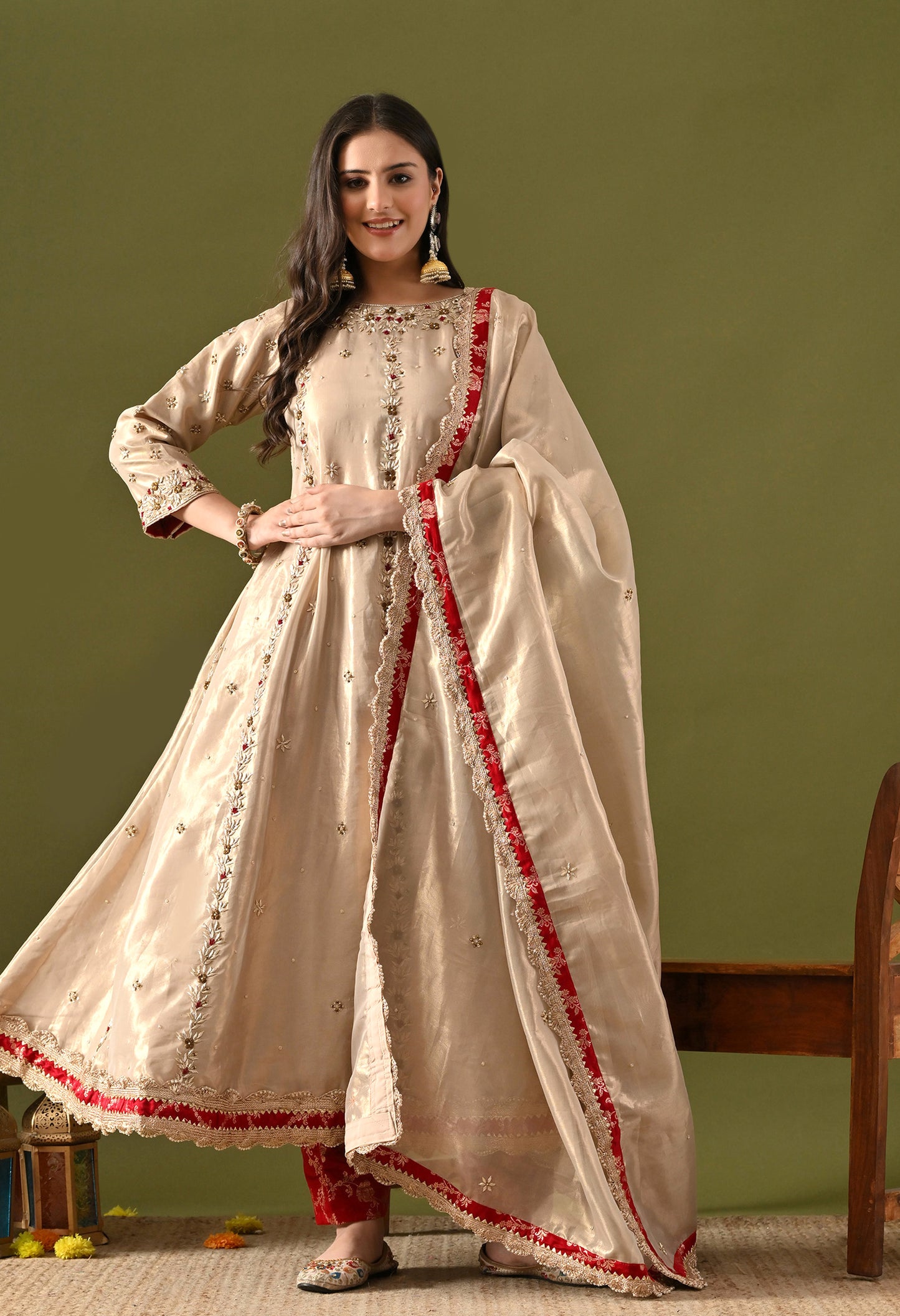 Golden Tissue Organza & Silk Brocade Zardozi–Sequin–Thread–Pearl Anarkali Set