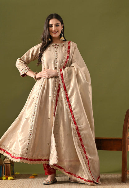 Golden Tissue Organza & Silk Brocade Zardozi–Sequin–Thread–Pearl Anarkali Set