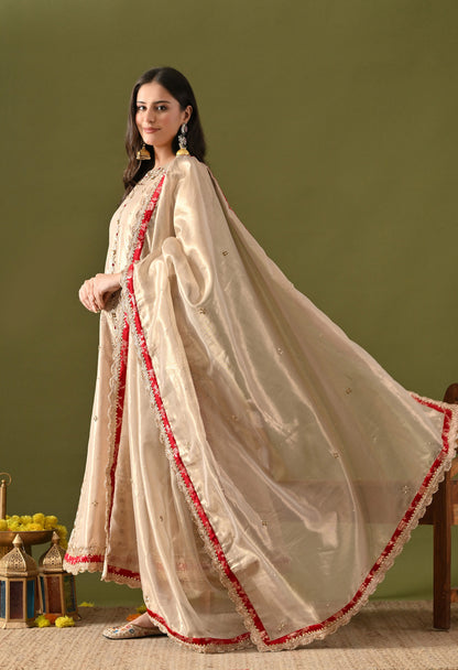 Golden Tissue Organza & Silk Brocade Zardozi–Sequin–Thread–Pearl Anarkali Set