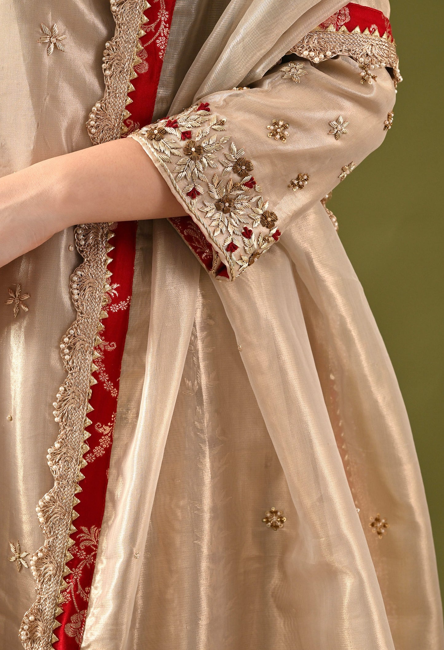 Golden Tissue Organza & Silk Brocade Zardozi–Sequin–Thread–Pearl Anarkali Set