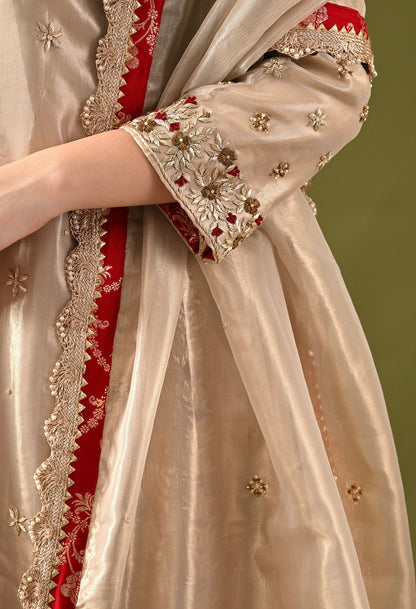 Golden Tissue Organza & Silk Brocade Zardozi–Sequin–Thread–Pearl Anarkali Set