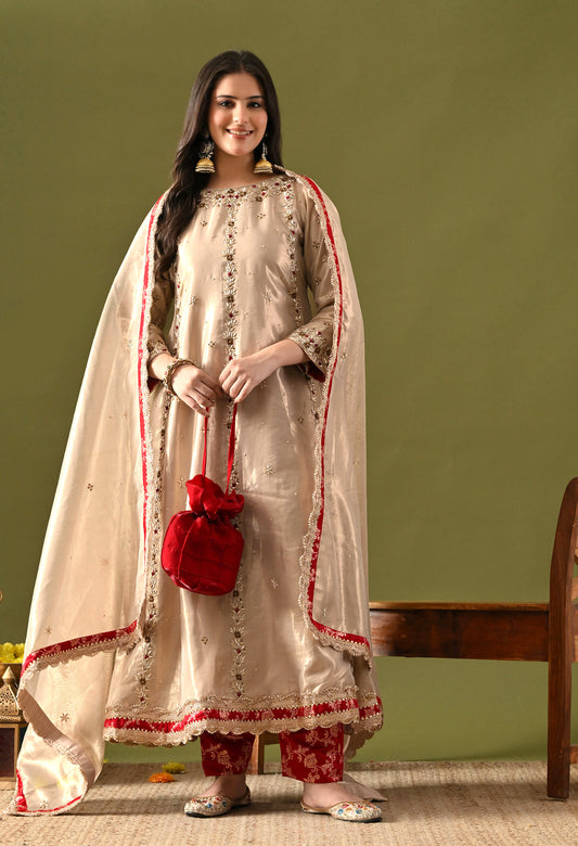 Golden Tissue Organza & Silk Brocade Zardozi–Sequin–Thread–Pearl Anarkali Set