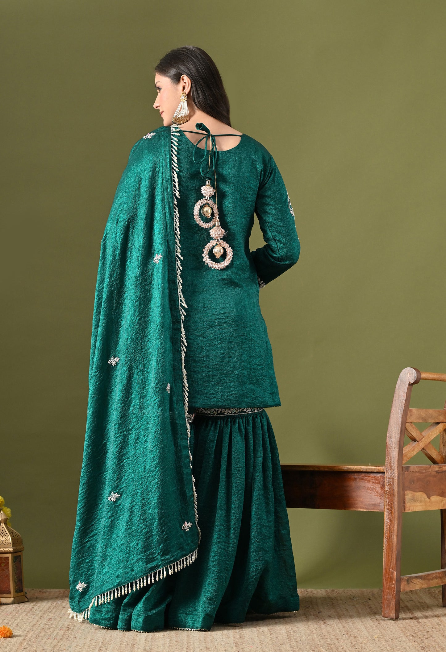 Green Crushed Silk Zardozi–Pearl–Sequin Sharara Set