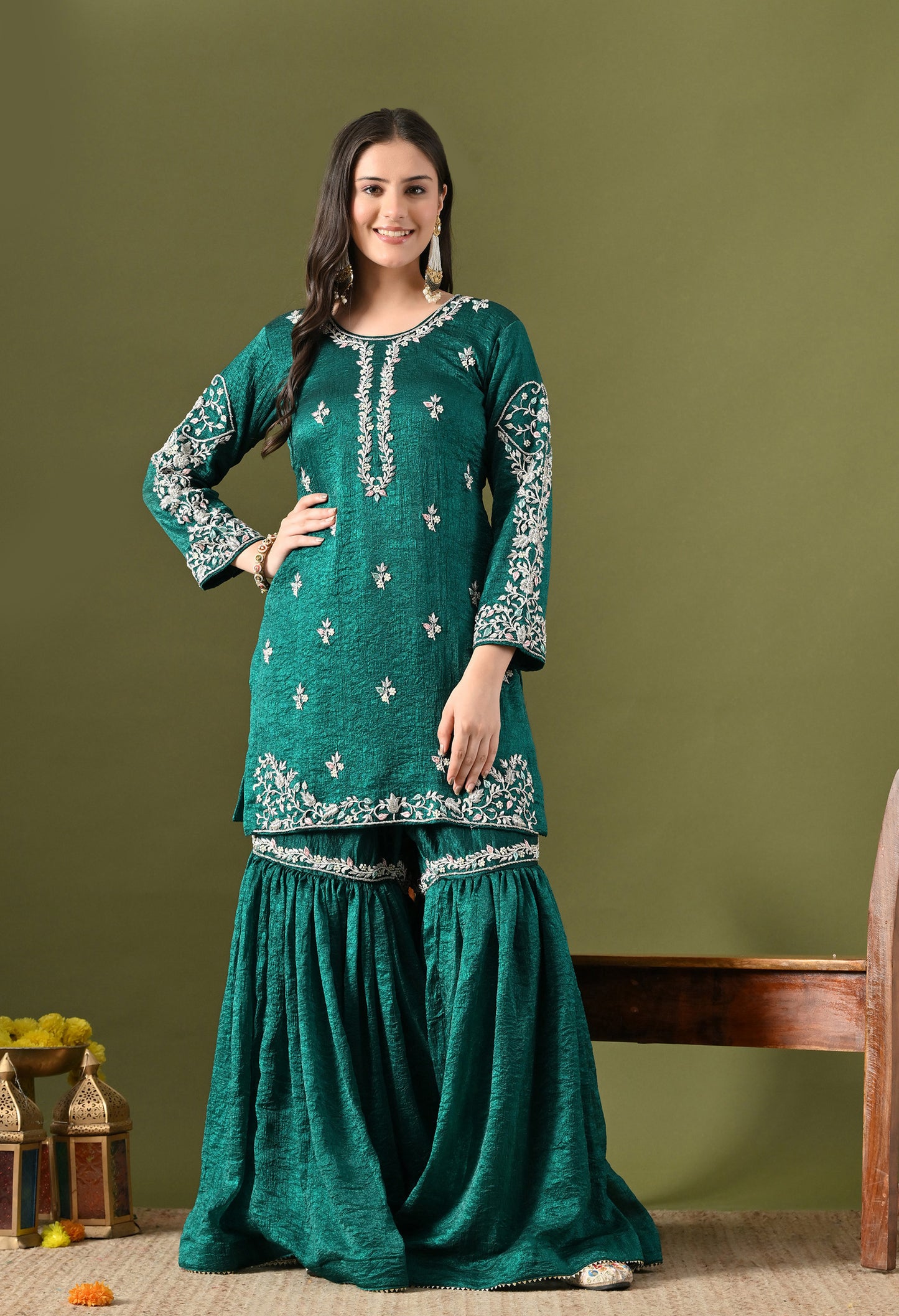 Green Crushed Silk Zardozi–Pearl–Sequin Sharara Set