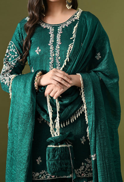 Green Crushed Silk Zardozi–Pearl–Sequin Sharara Set