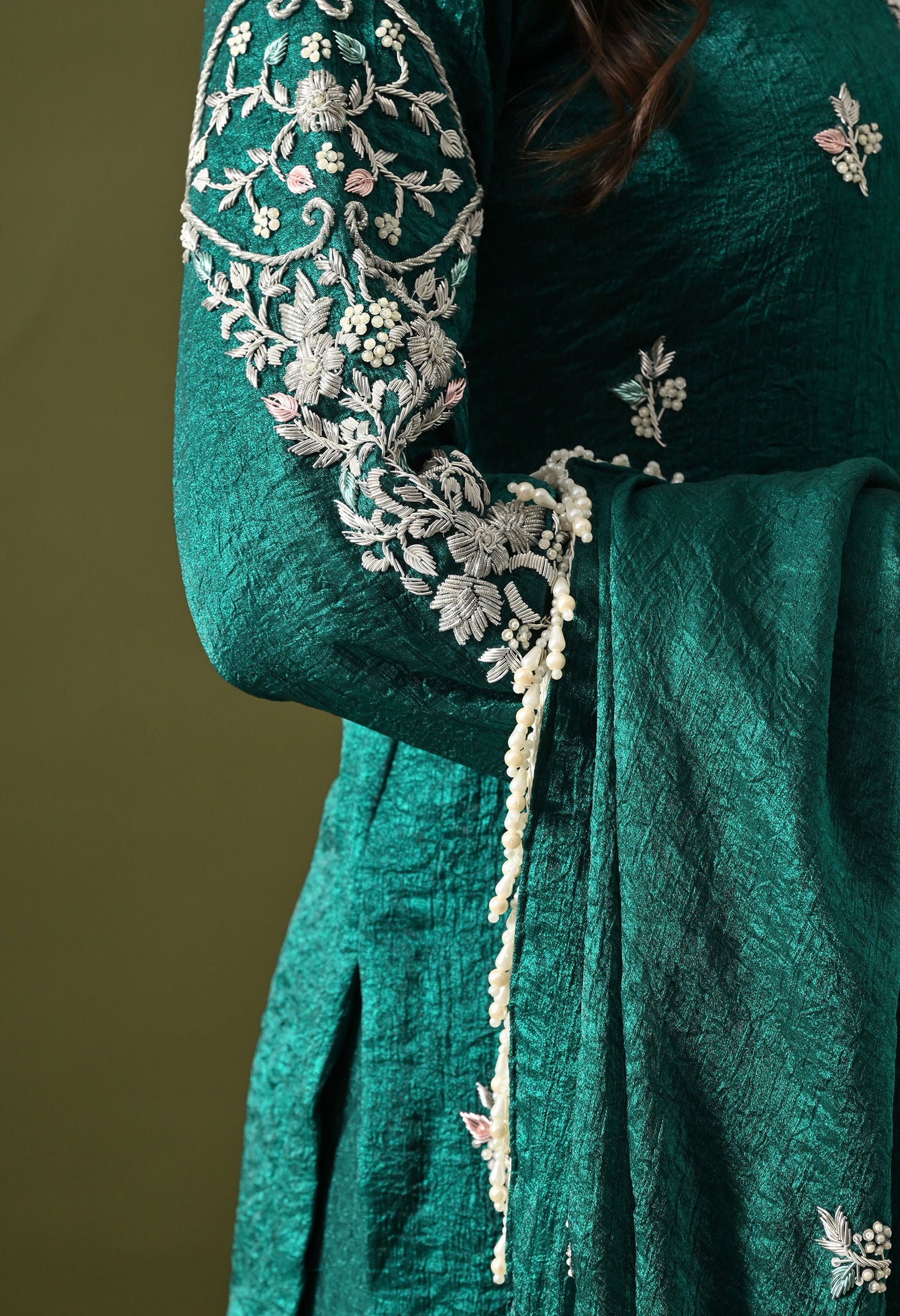 Green Crushed Silk Zardozi–Pearl–Sequin Sharara Set