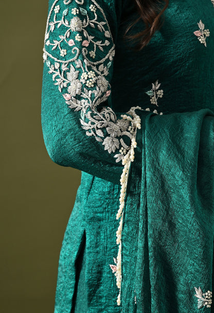 Green Crushed Silk Zardozi–Pearl–Sequin Sharara Set