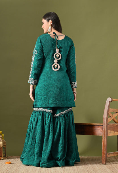Green Crushed Silk Zardozi–Pearl–Sequin Sharara Set