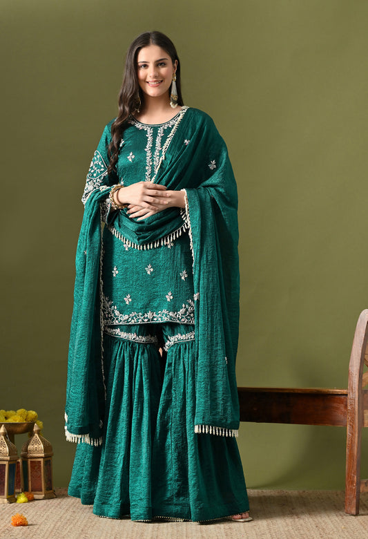 Green Crushed Silk Zardozi–Pearl–Sequin Sharara Set